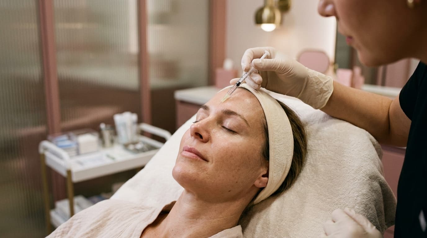 A provider administering an injectable treatment to a patient's forehead