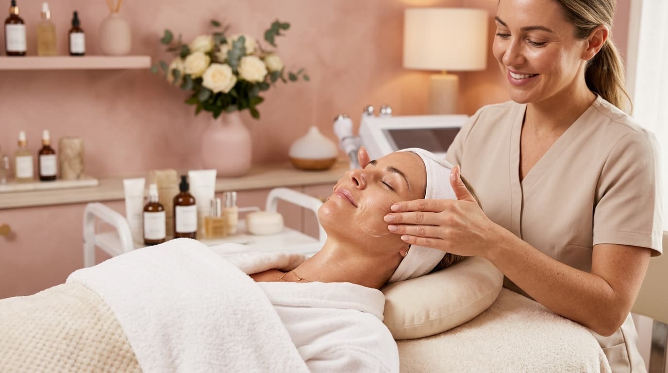 A provider performing a facial treatment for a reclining patient