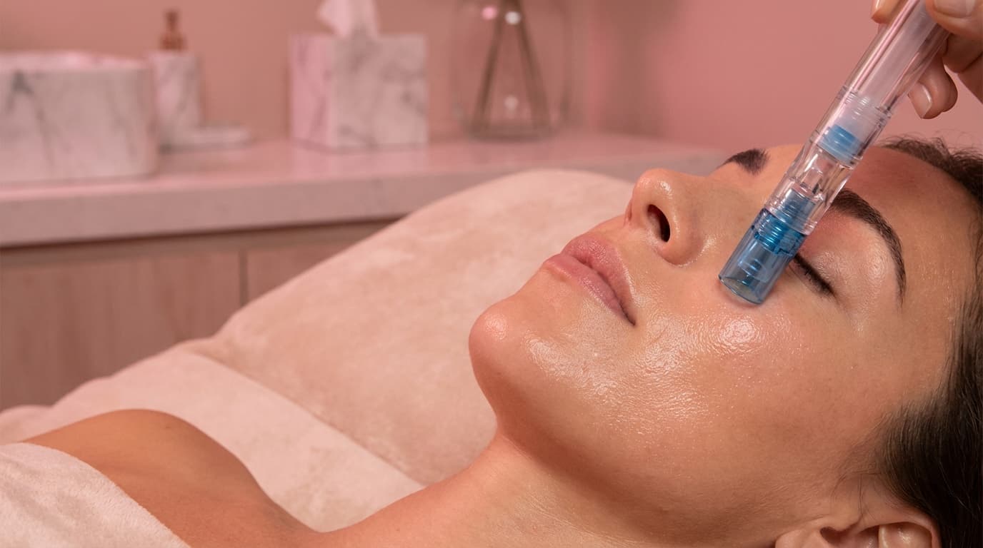 A handheld facial-treatment device applied near a patient's cheek