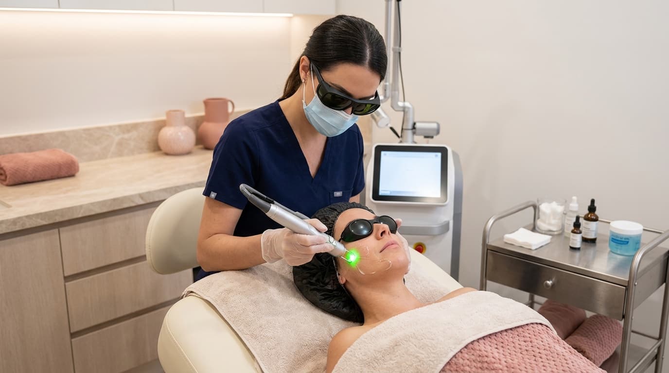 A provider performing a device-based facial treatment for a reclining patient