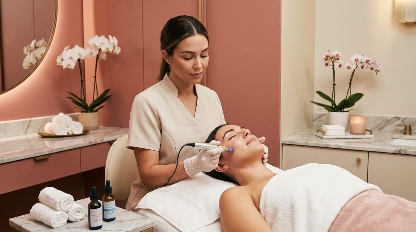 A provider performing a microneedling facial treatment for a reclining patient