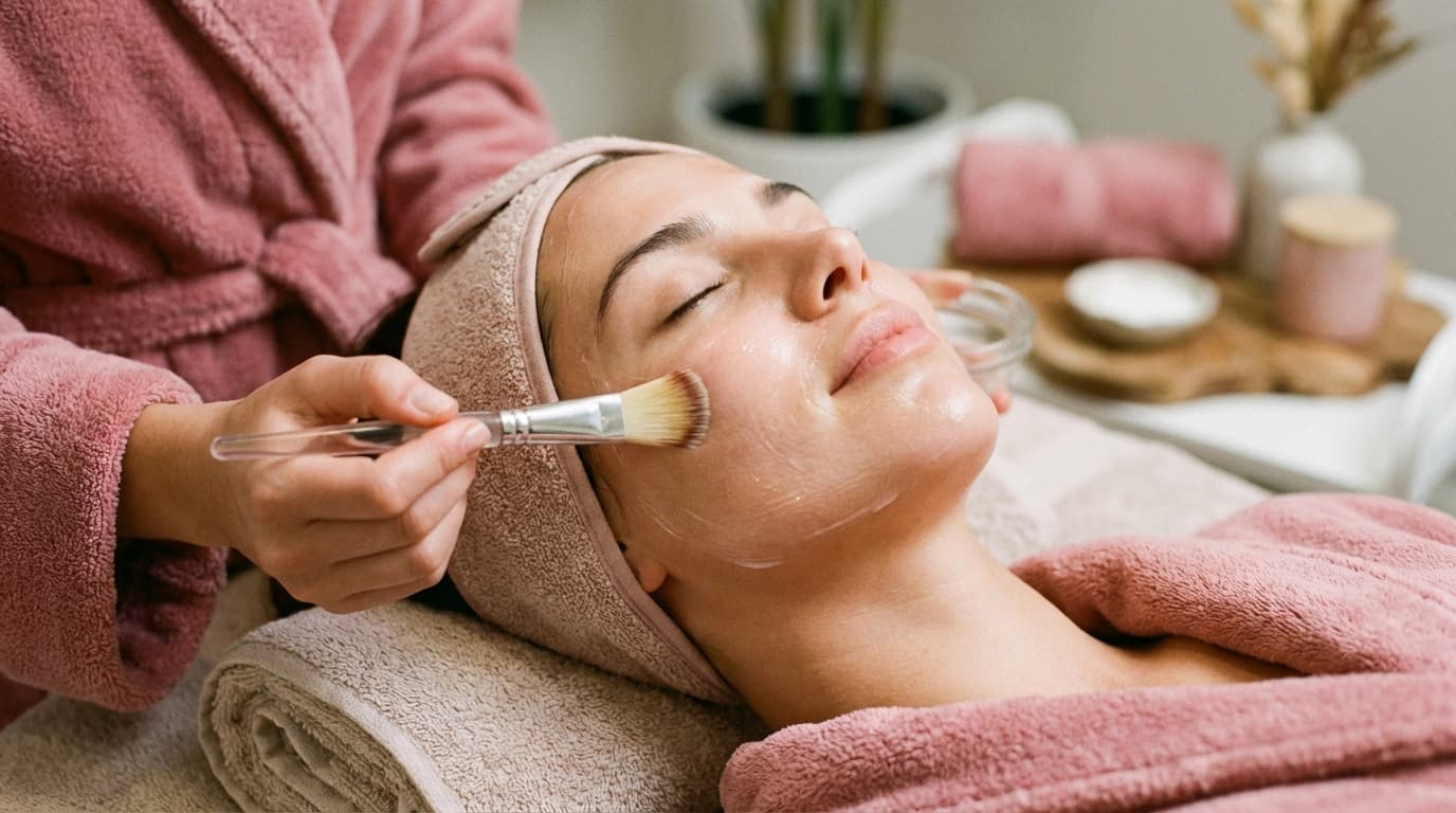 A provider applying a facial peel treatment with a brush