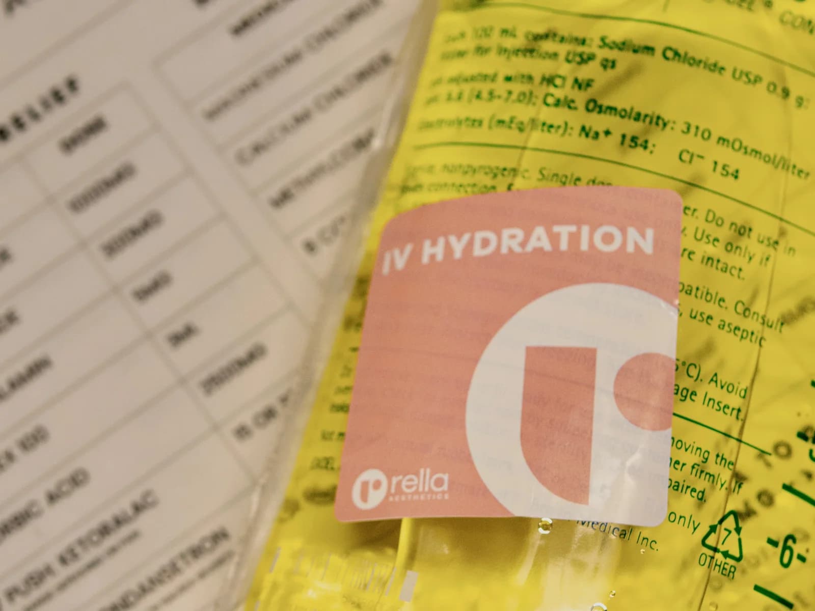 A Rella-branded IV hydration bag prepared in the clinic